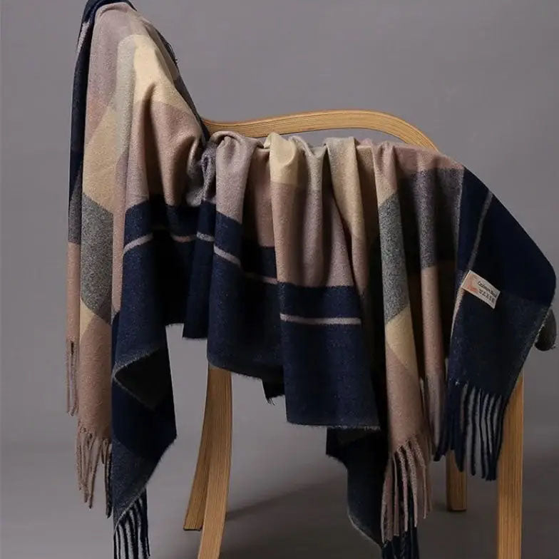 Women's oversized plaid wool shawl in classic multicolor, cozy winter wrap with generous coverage