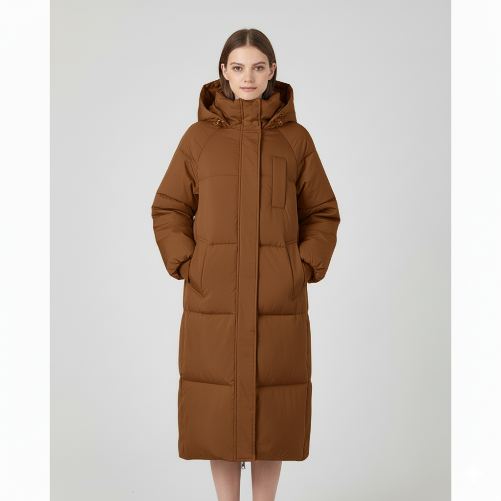 Women's mid-length puffer coat oversized hood warm insulated winter jacket casual style