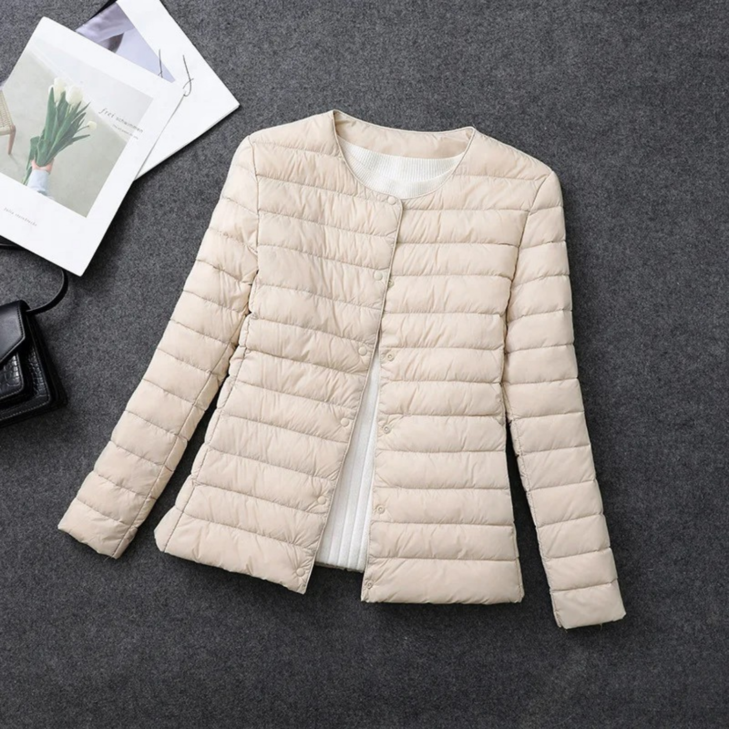 Women's quilted puffer jacket neutral tone button closure round neckline lightweight transitional layer