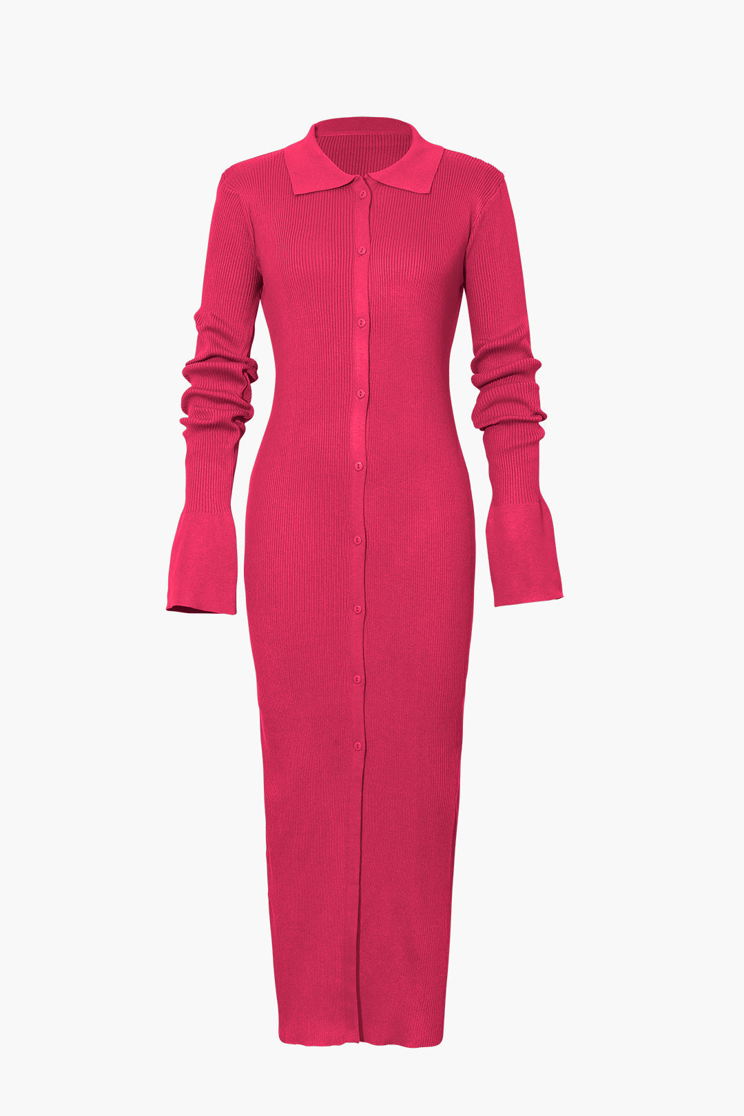 Women's ribbed knit maxi dress with structured collar, long sleeves, and button-front placket