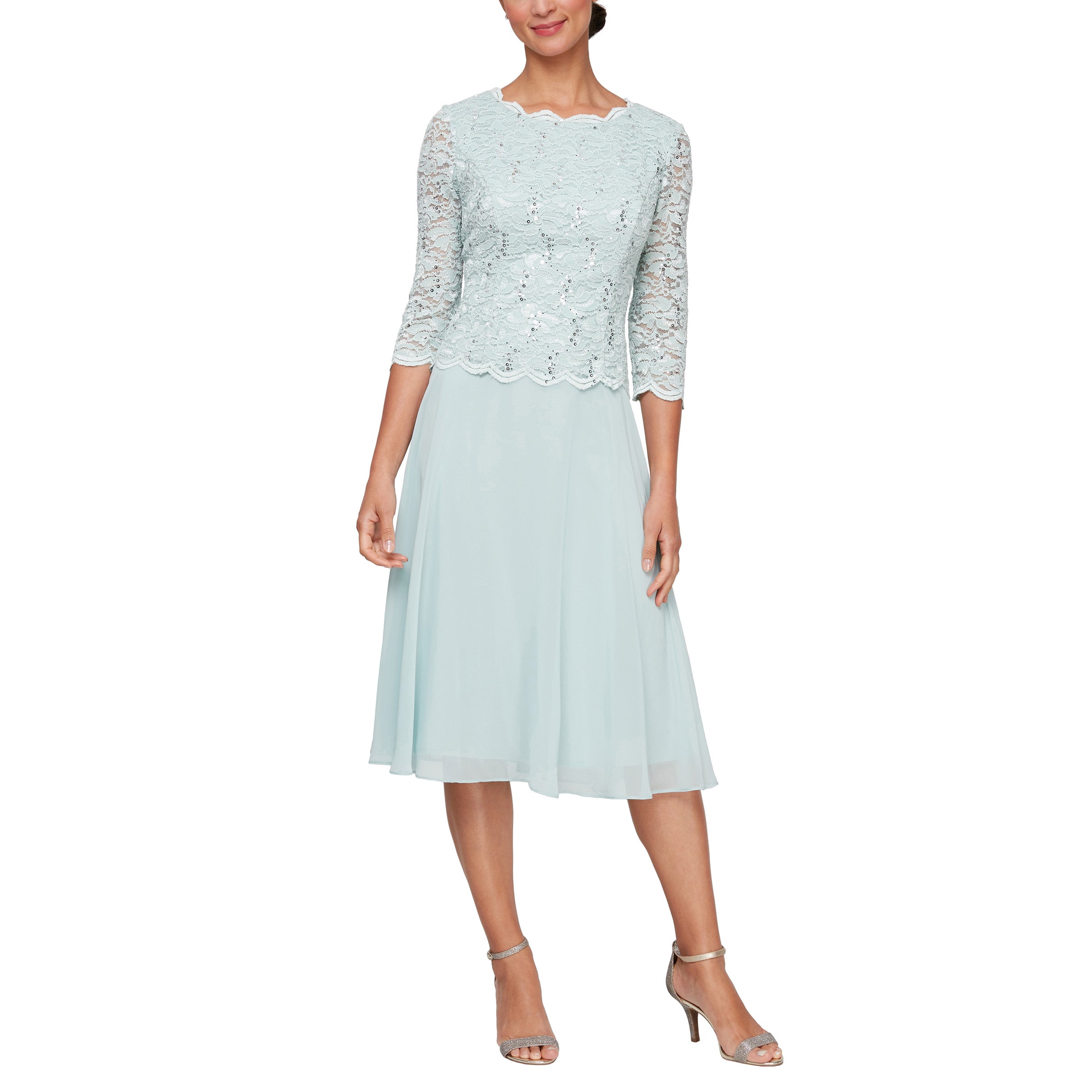 Alex Evenings Elegant Mother Of The Bride Dress Sequin Lace Bodice Tea