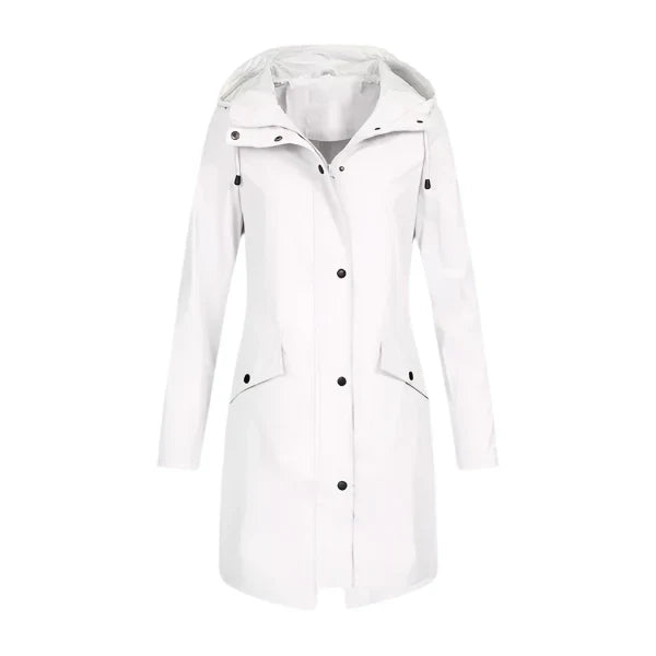Women's long waterproof hooded raincoat with front zipper and flap pockets windproof protection