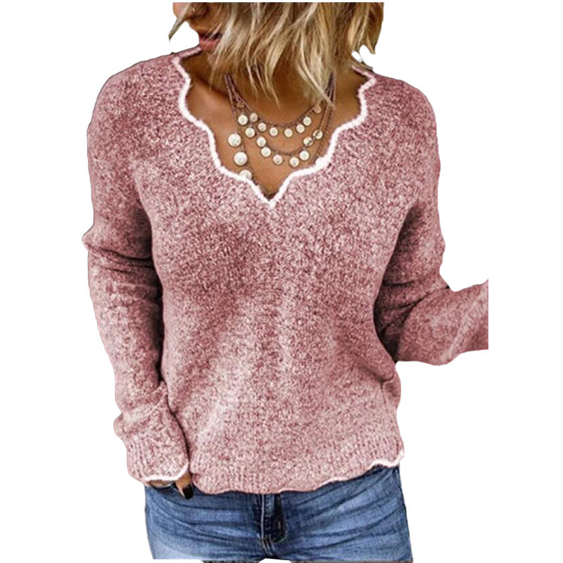 Women's relaxed fit soft knit sweater with scallop neckline long sleeve casual essential