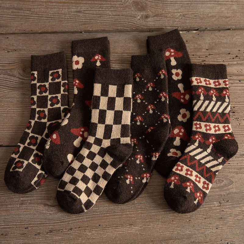 Women's crew socks white mushroom floral pattern whimsical winter knit cozy regular fit