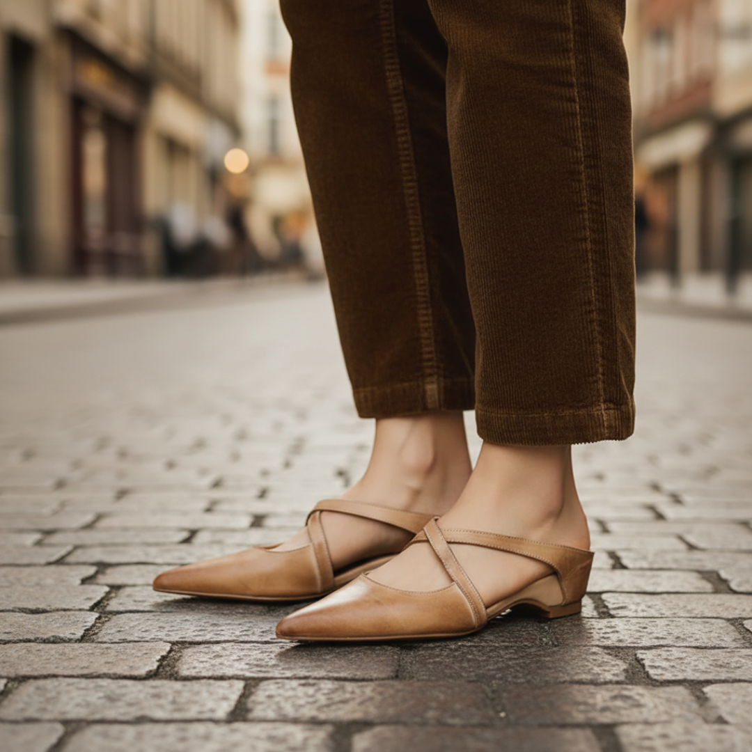 Women's pointed-toe ballet flats with crossed straps design, non-slip sole, casual work style