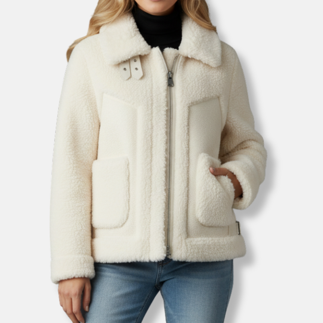 Women's relaxed fit shearling jacket in warm wool tones with polished collar and cozy cold-weather style