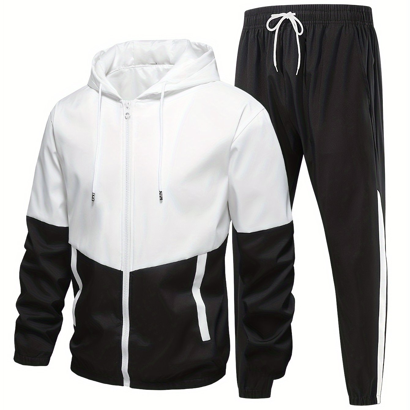 Men's color block hoodie tracksuit set, comfort fit two-piece leisure wear for home and activity