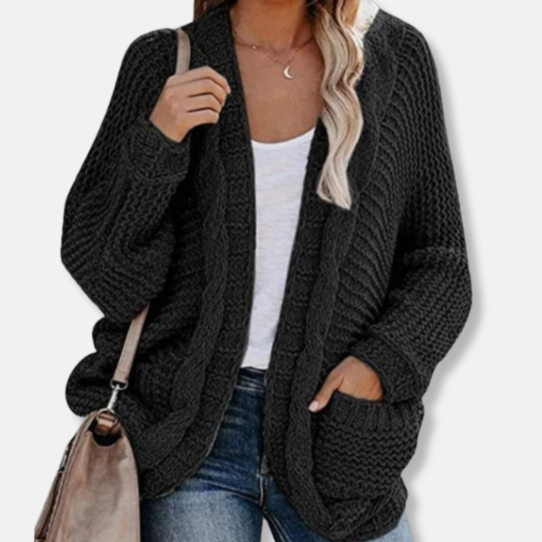 Isla wool oversized cardigan women ribbed open front pockets cozy winter layering piece