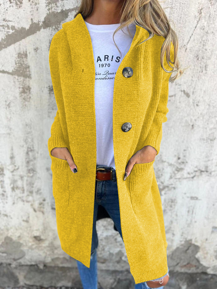 Women's ribbed knit hooded long cardigan relaxed fit with front buttons and pockets casual layer