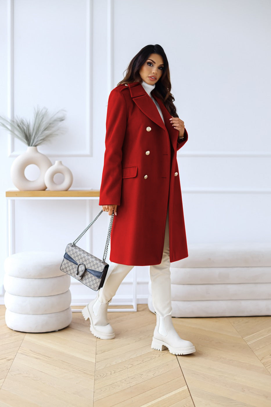 Women's beige double-breasted long trench coat with textured fabric and structured lapels for officewear