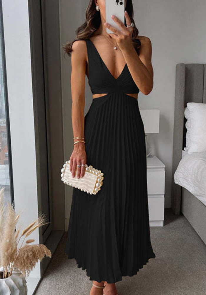 Women's pleated maxi dress elegant sleeveless V-neck with cutout silhouette in flowing fabric