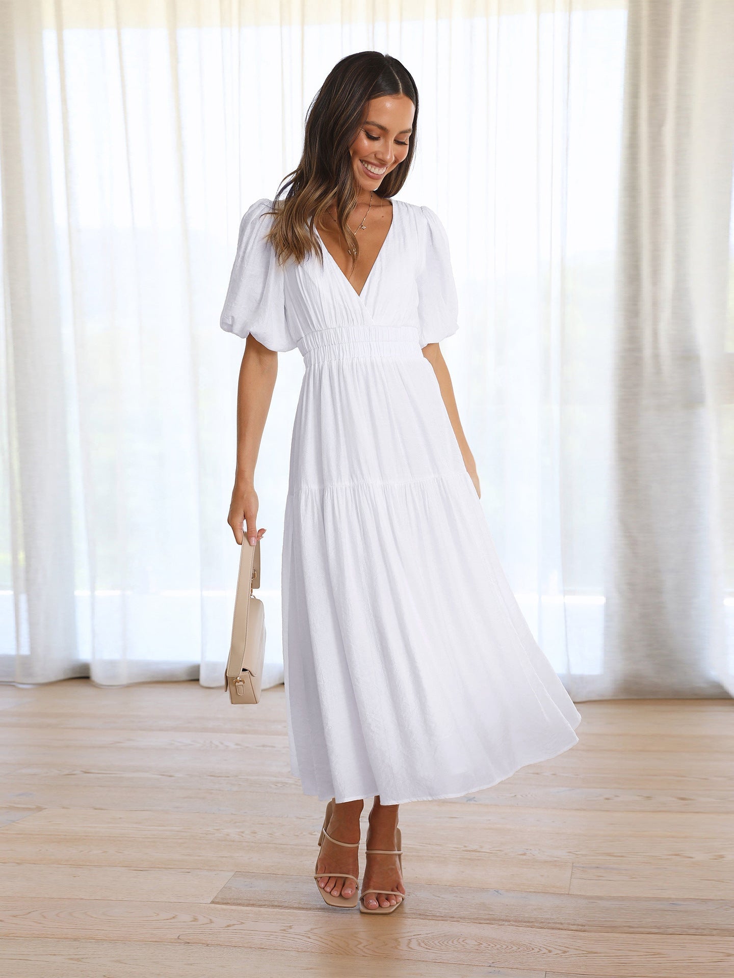 Noelle | Women's V-Neck Puff Sleeve Midi Dress with Smocked Waist