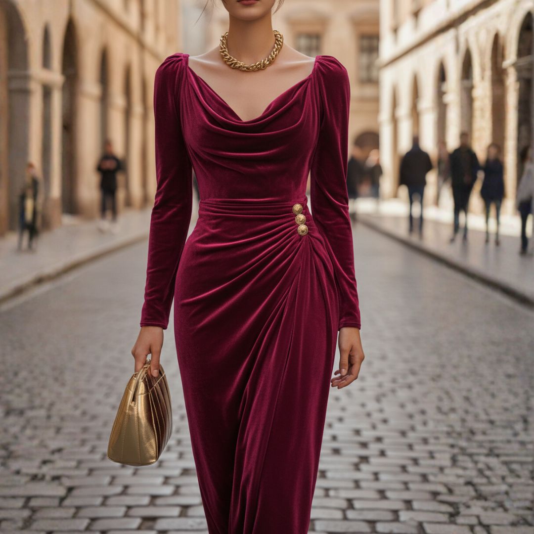 Elegant women's maxi dress draped neckline pleated waist decorative side buttons formal evening