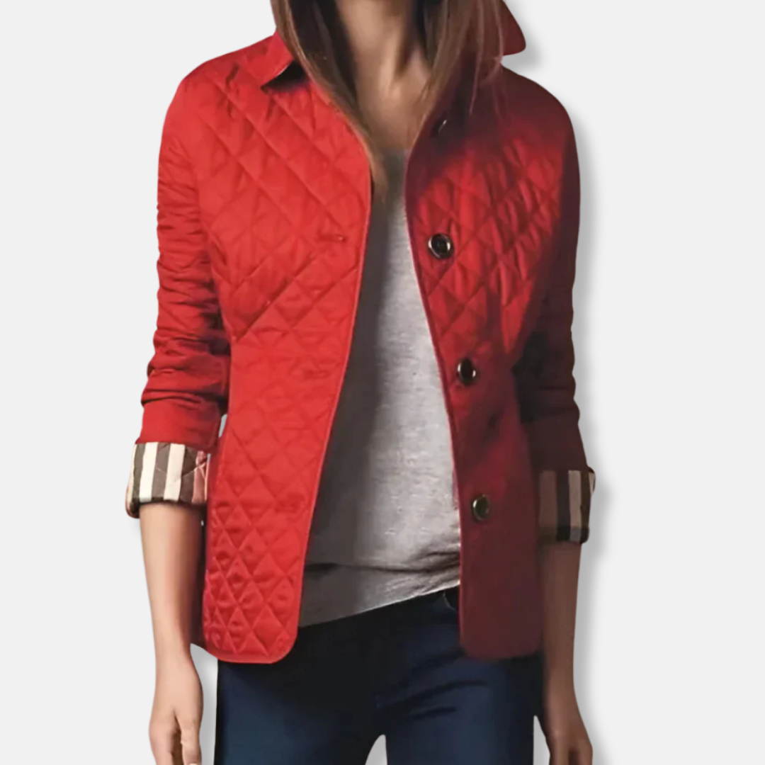 Women quilted padded jacket tailored hip-length fit button closure chic versatile cotton layer