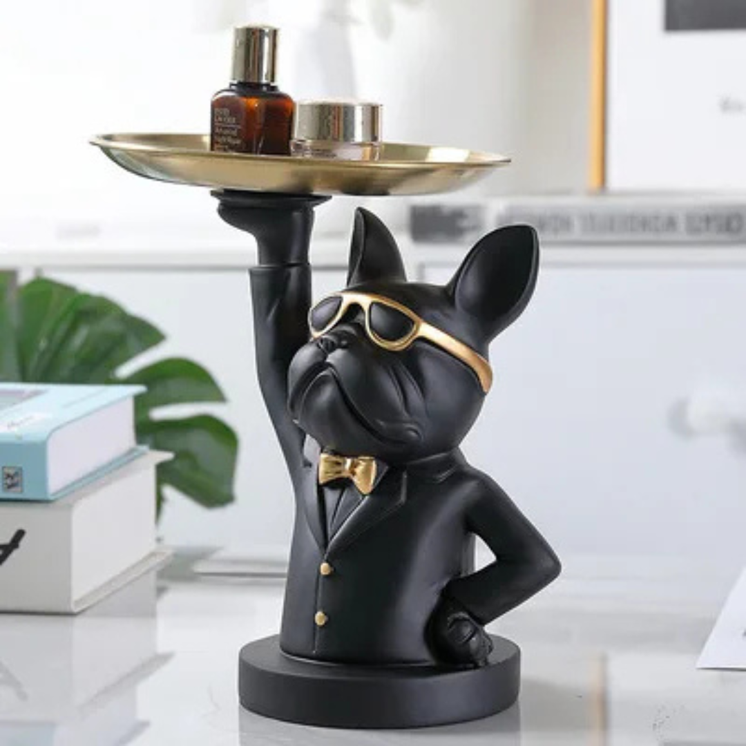 Bulldog figurine tray gold bow tie resin desk organizer whimsical luxury home decor for dog lovers