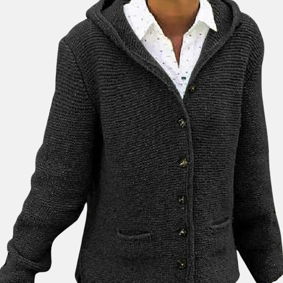 Women's wool hooded cardigan ribbed knit relaxed fit with button front and cozy pockets