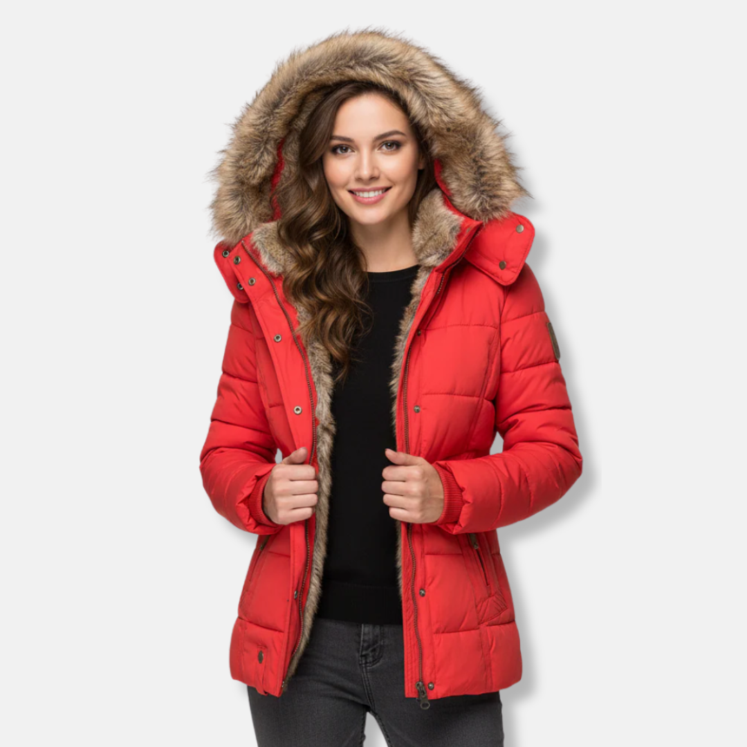 Women's black quilted puffer jacket hip-length silhouette with fur-trimmed hood for winter warmth