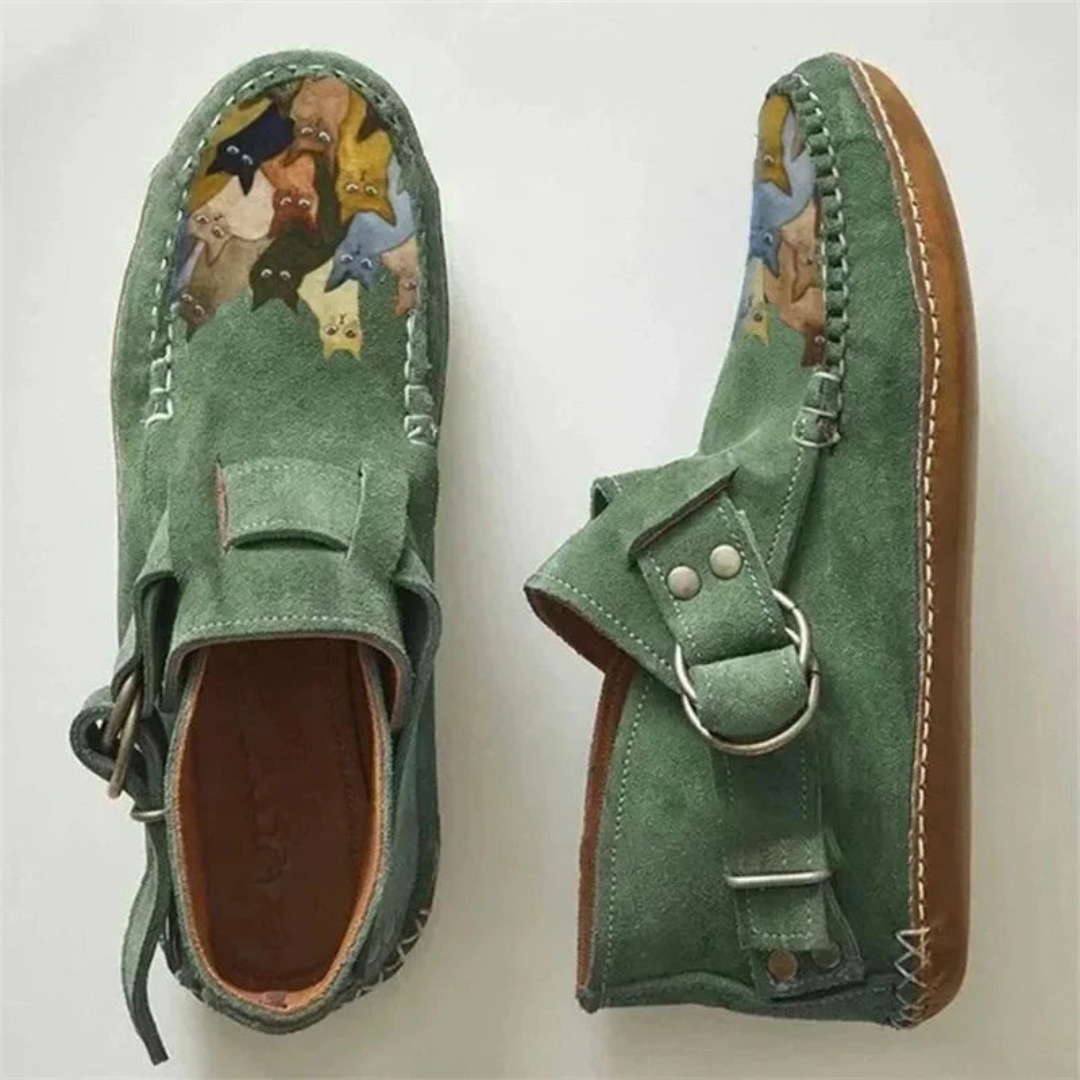 Women's cat print slip-on shoes in playful multicolor design, casual comfort flat loafers