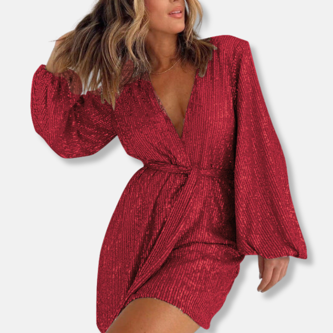 Silver sequined wrap mini dress with balloon sleeves, V-neck, and self-tie waist for party nights