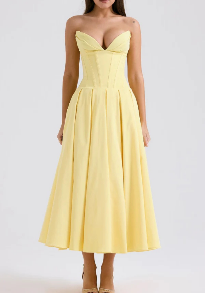 Women's strapless midi evening gown with fitted corset bodice, flowing skirt, elegant formal silhouette