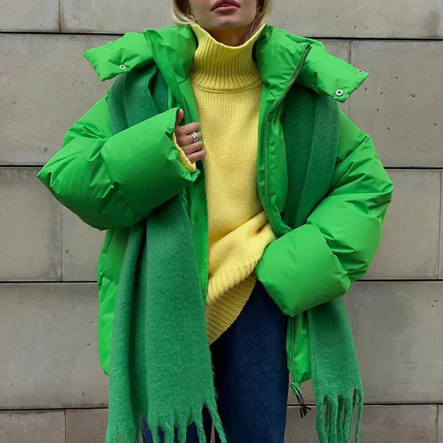 Women's oversized quilted puffer jacket with padded hood, mid-length winter coat street style