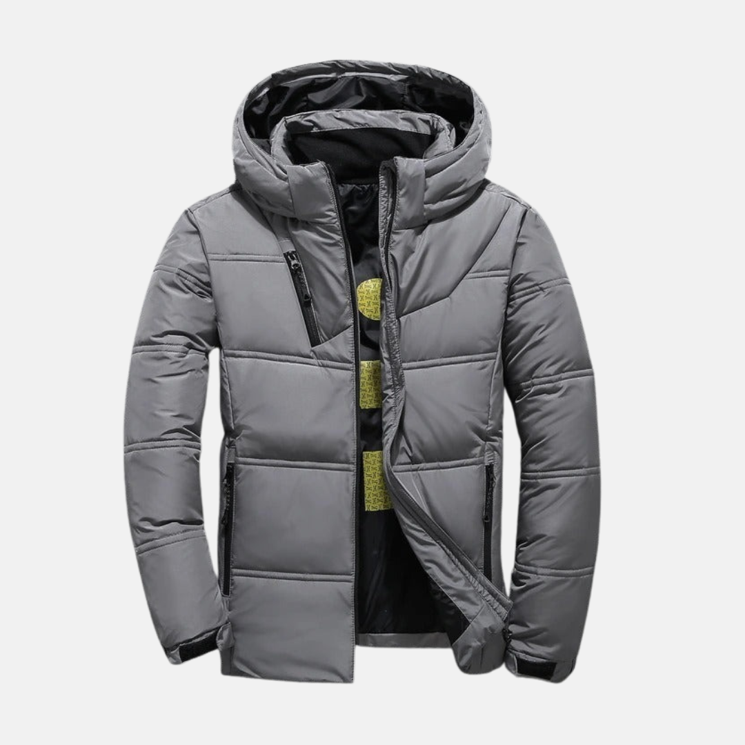 Men's black quilted hooded puffer jacket hip-length regular fit with zipper pockets casual coat