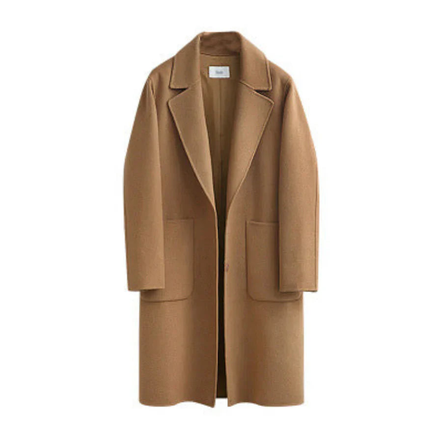 Women's wool trench coat relaxed fit full-length minimalist silhouette for effortless everyday elegance
