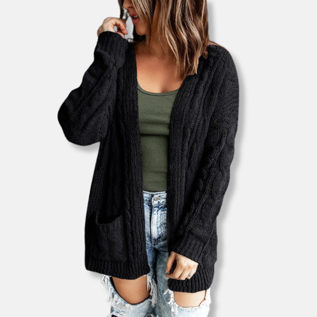Women's relaxed fit open front cable knit cardigan with pockets, cozy everyday layering essential