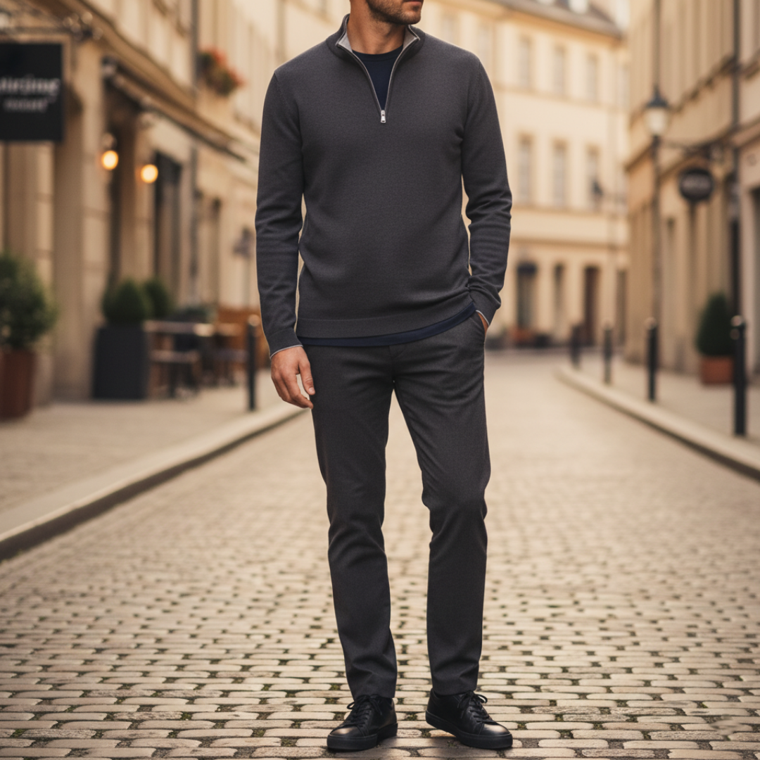 Men's neutral tone knit jacket high collar zip closure minimalist everyday layering piece