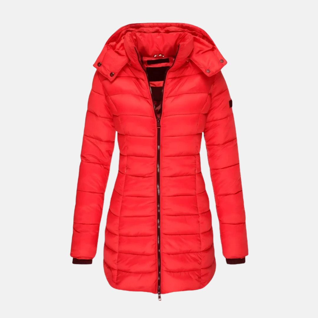 Women's slim-fit mid-length black puffer coat with integrated hood and ribbed cuffs