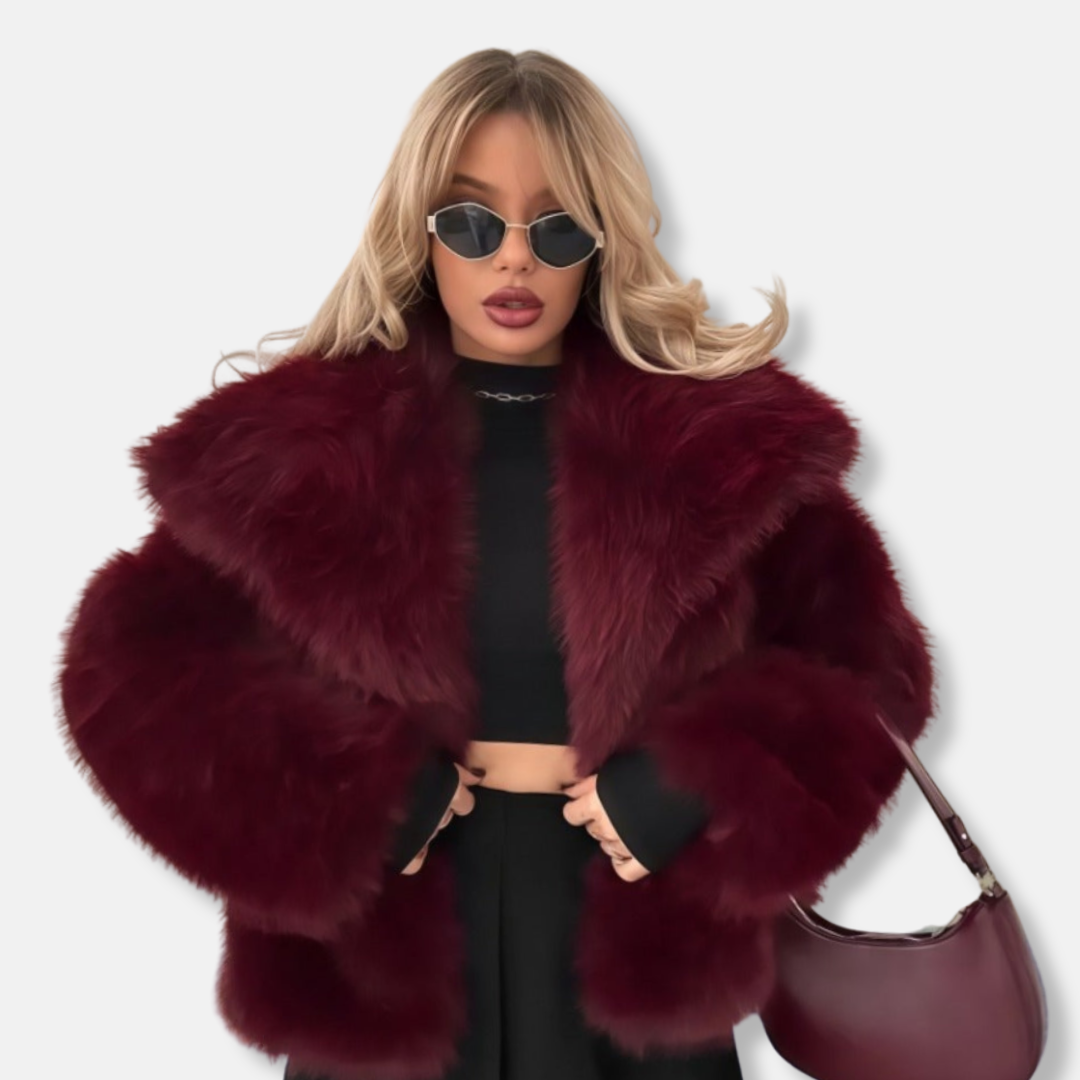 Women's oversized white faux fur coat with wide collar and button front elegant luxury style