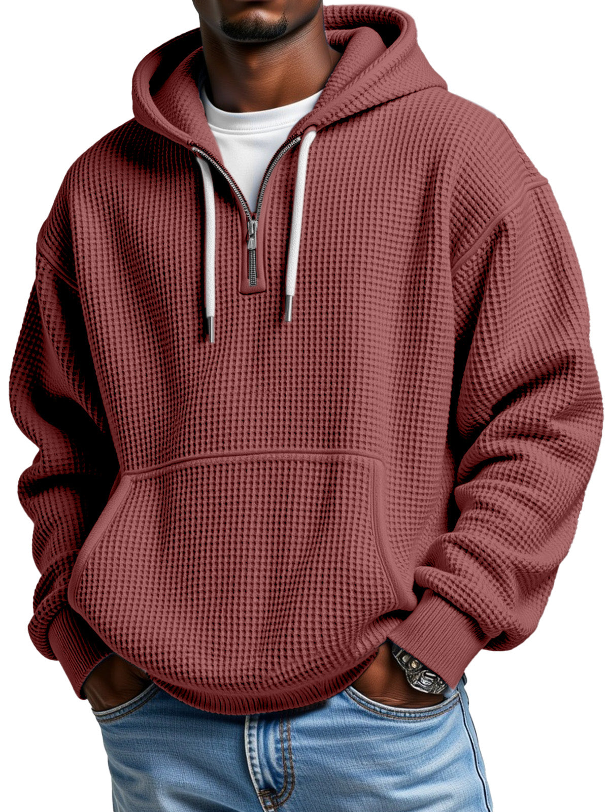 Men's waffle-texture half-zip hoodie with front pocket and hood for everyday winter comfort