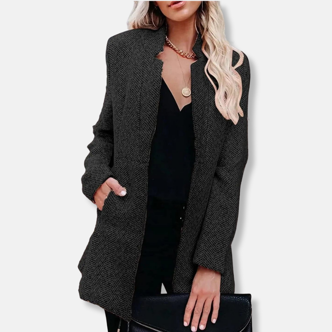 Women's herringbone longline blazer tailored fit stand collar with pockets office-ready style