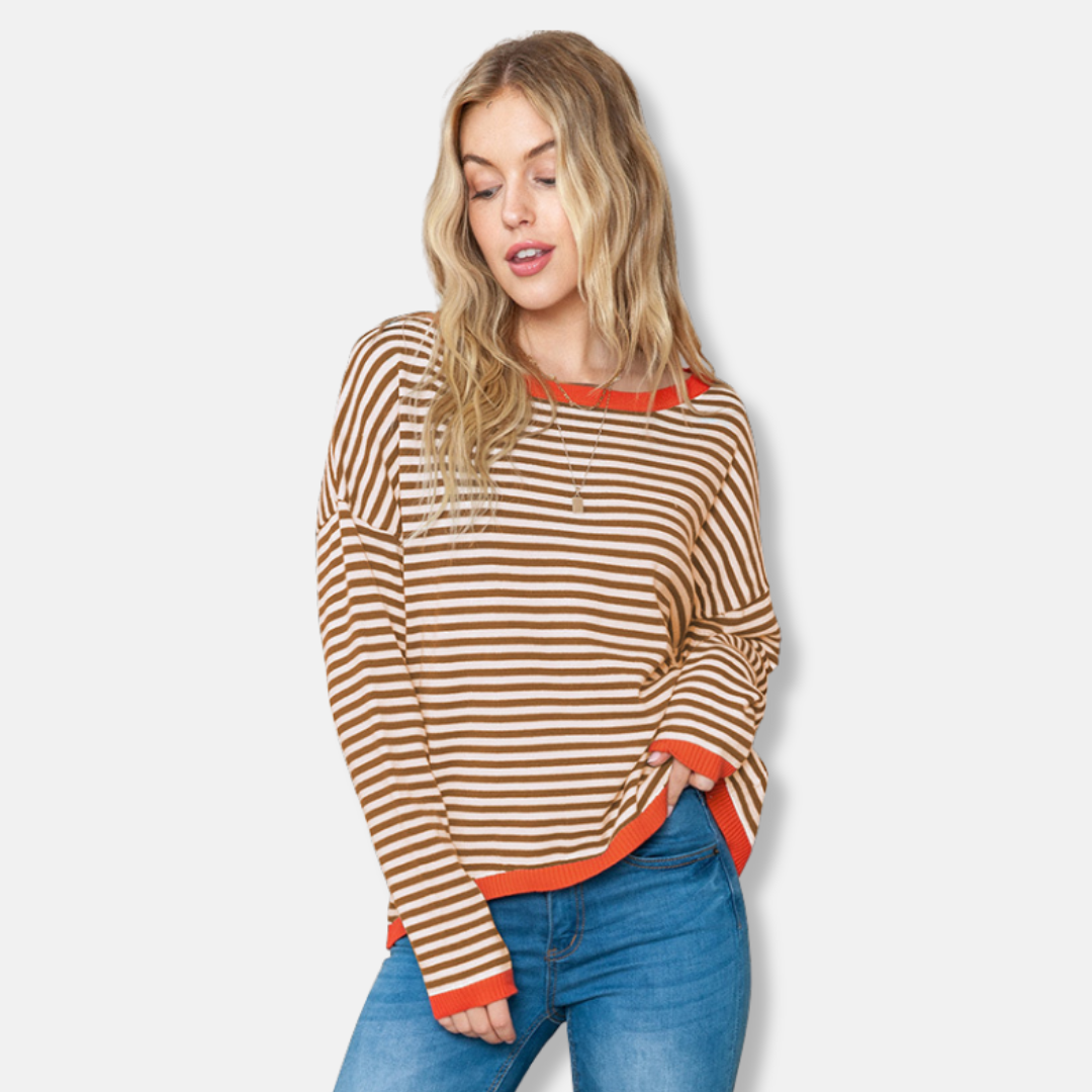 Women's striped cotton relaxed fit boat neck sweater with drop shoulder in soft knit