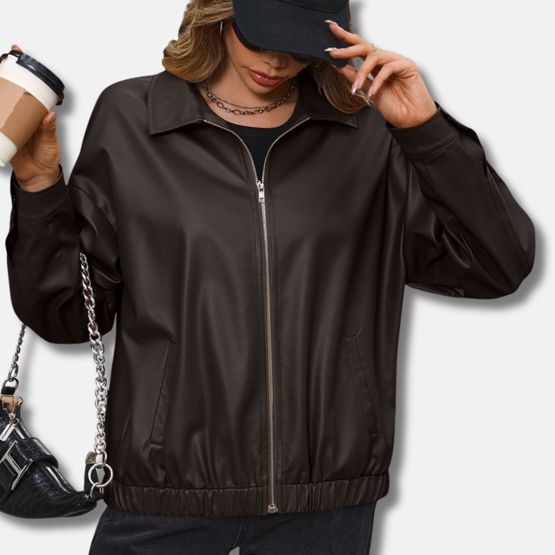 Women's cropped PU leather biker jacket relaxed fit glossy finish with zipper and snap buttons