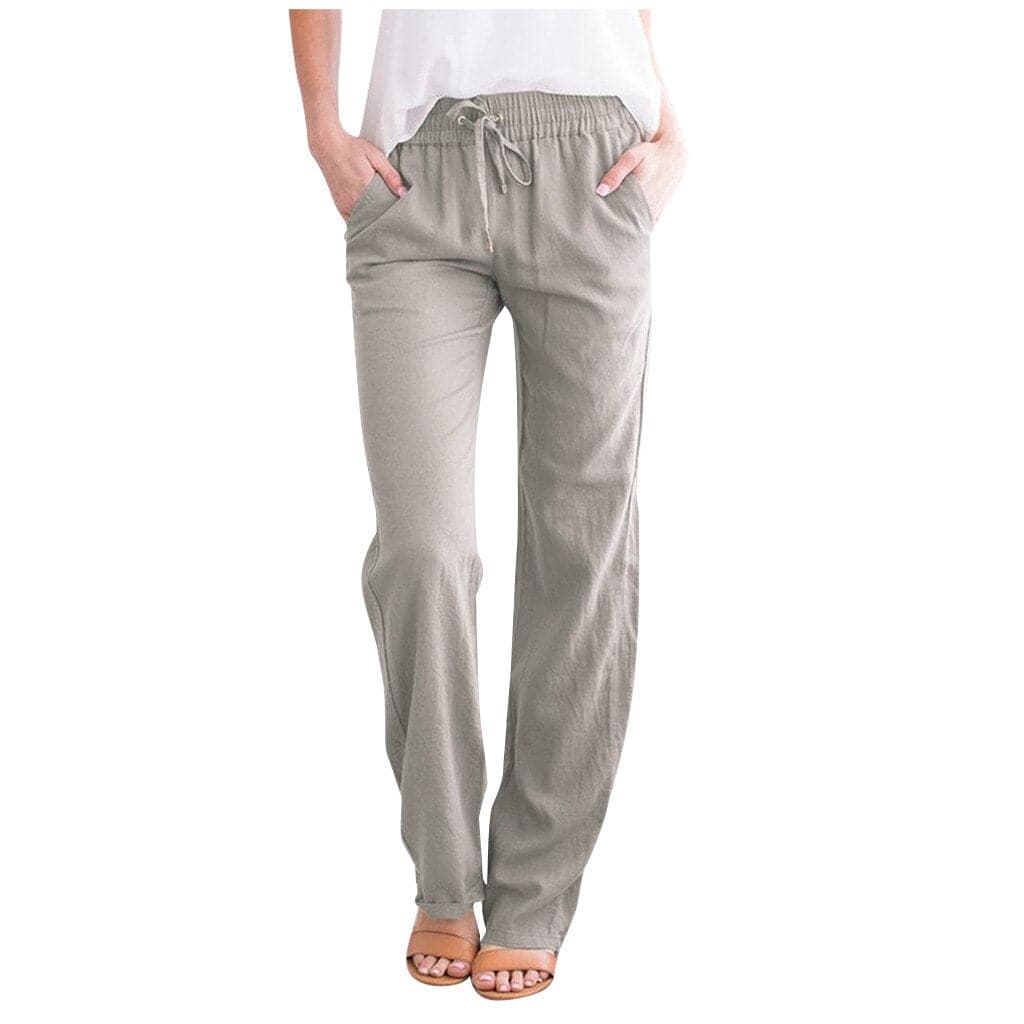 Women's beige linen relaxed fit pants with drawstring elastic waist and side pockets for all-day comfort