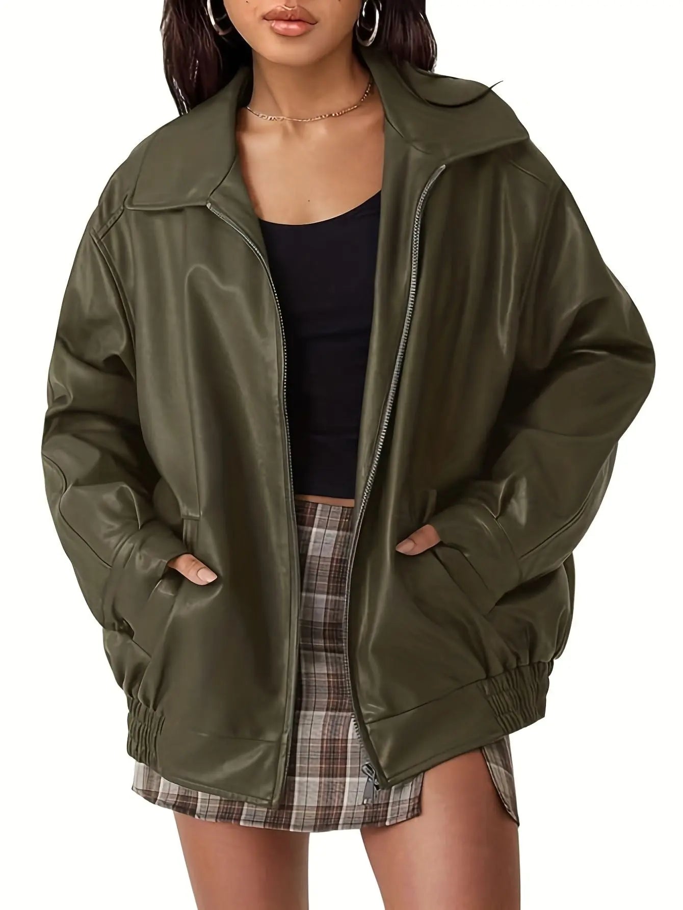Rose women oversized leather bomber jacket relaxed fit smooth texture transitional chic outerwear