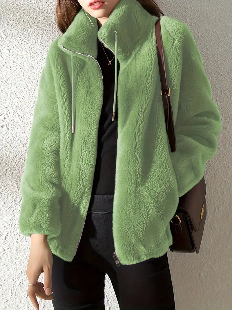 Women's oversized fleece jacket high collar zip casual everyday comfort soft cozy lightweight warm