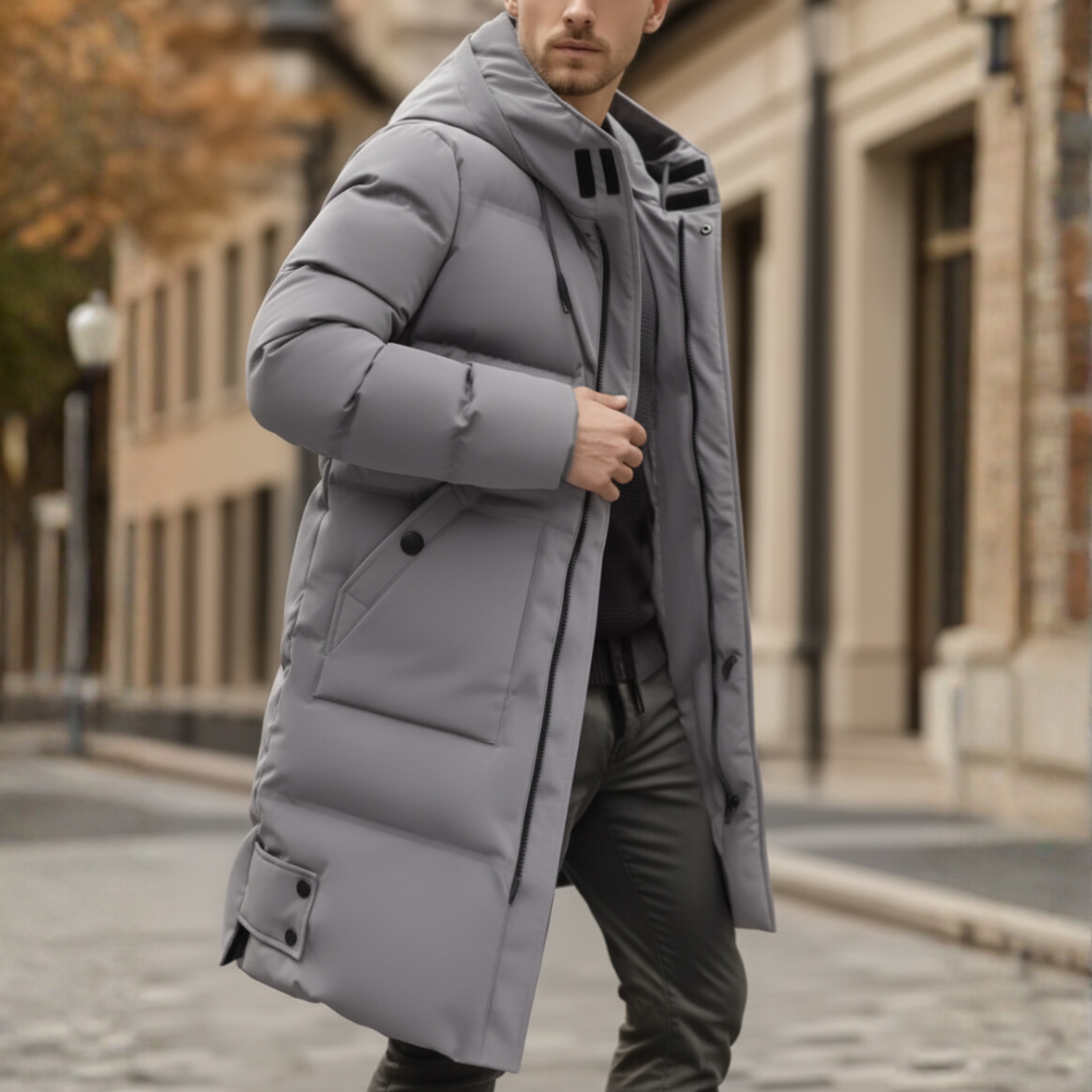 Men's long black padded down parka with fixed winter hood, insulated urban fit outerwear