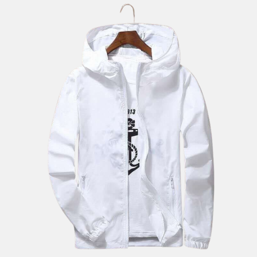 Men's navy blue hooded windbreaker regular fit full-zip casual jacket with elastic hem