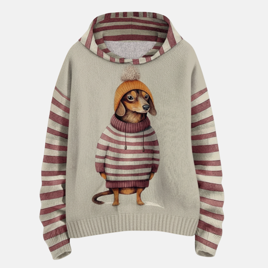 Women's loose fit fleece hoodie gray striped sleeves dog motif cozy casual oversized pullover