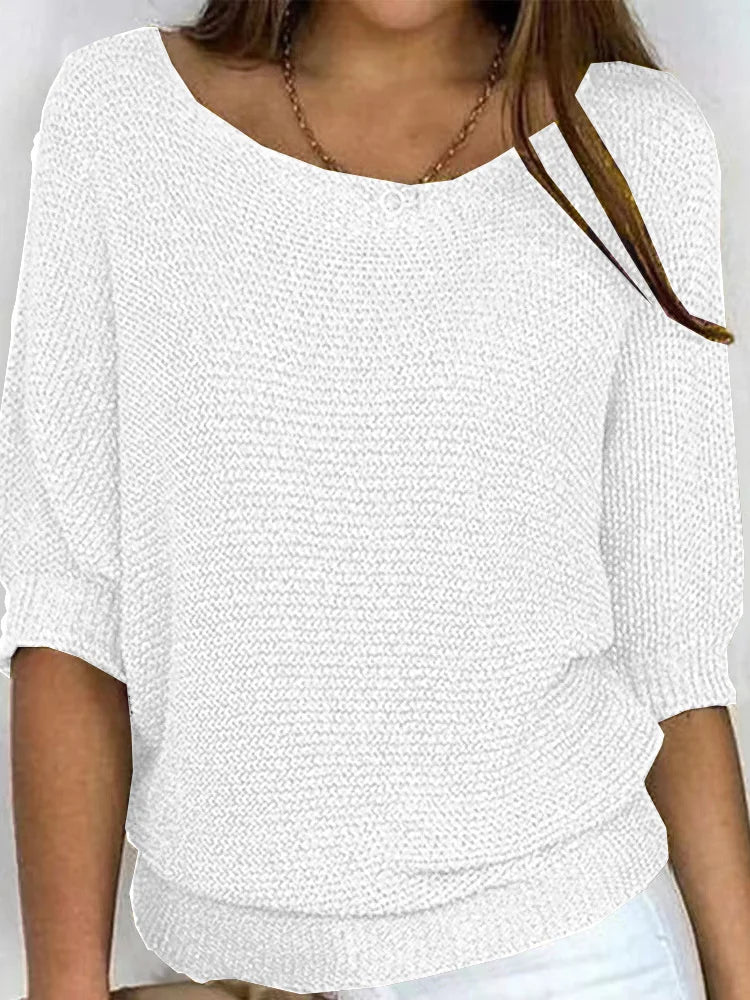 Women's cozy knit sweater loose fit elbow sleeves boat neckline casual layering top