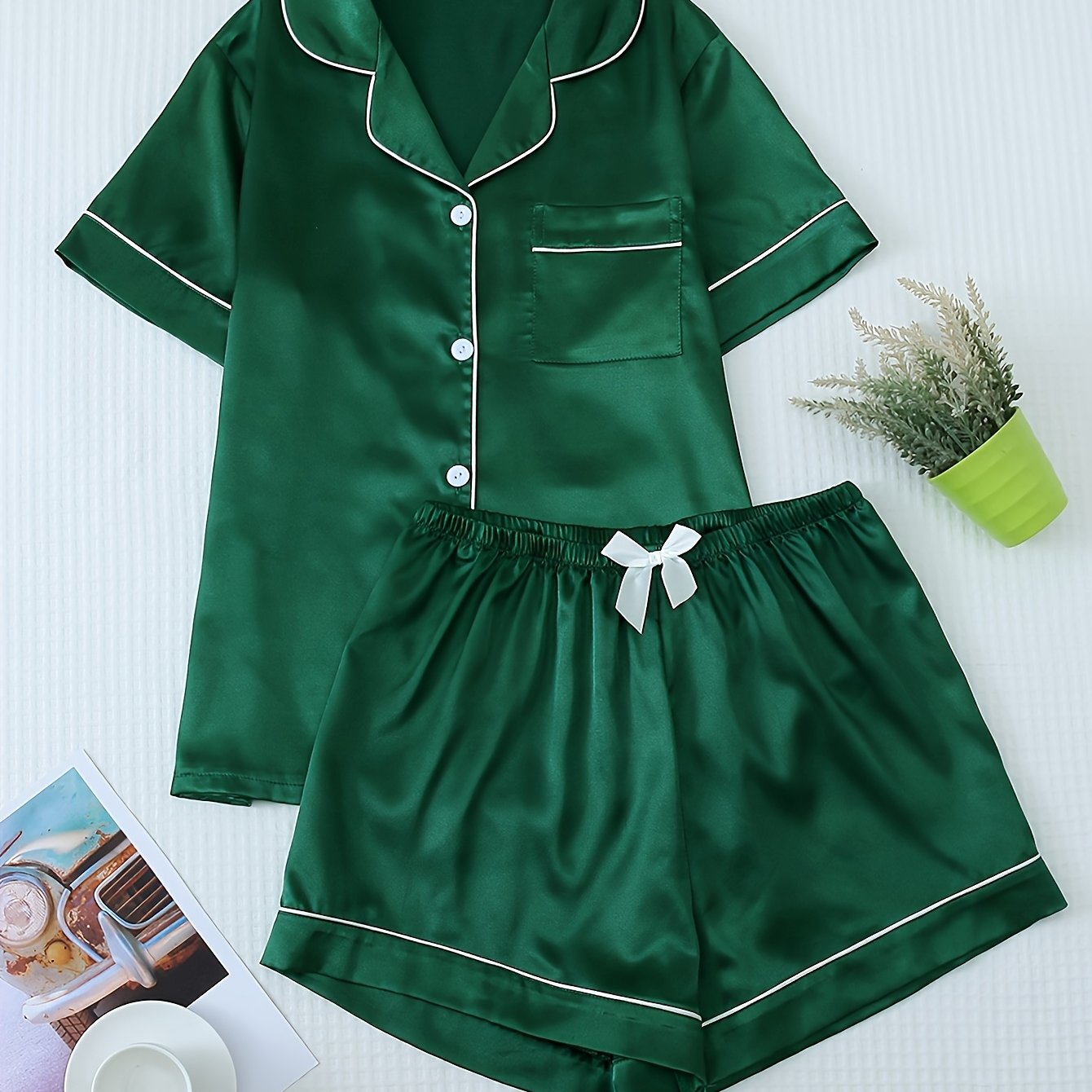 Women's pajama set with button-closure top and elastic waist shorts, breathable cozy nightwear
