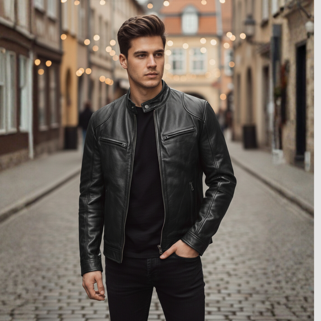 Men's black leather-effect biker jacket slim fit with front zipper closure for urban style