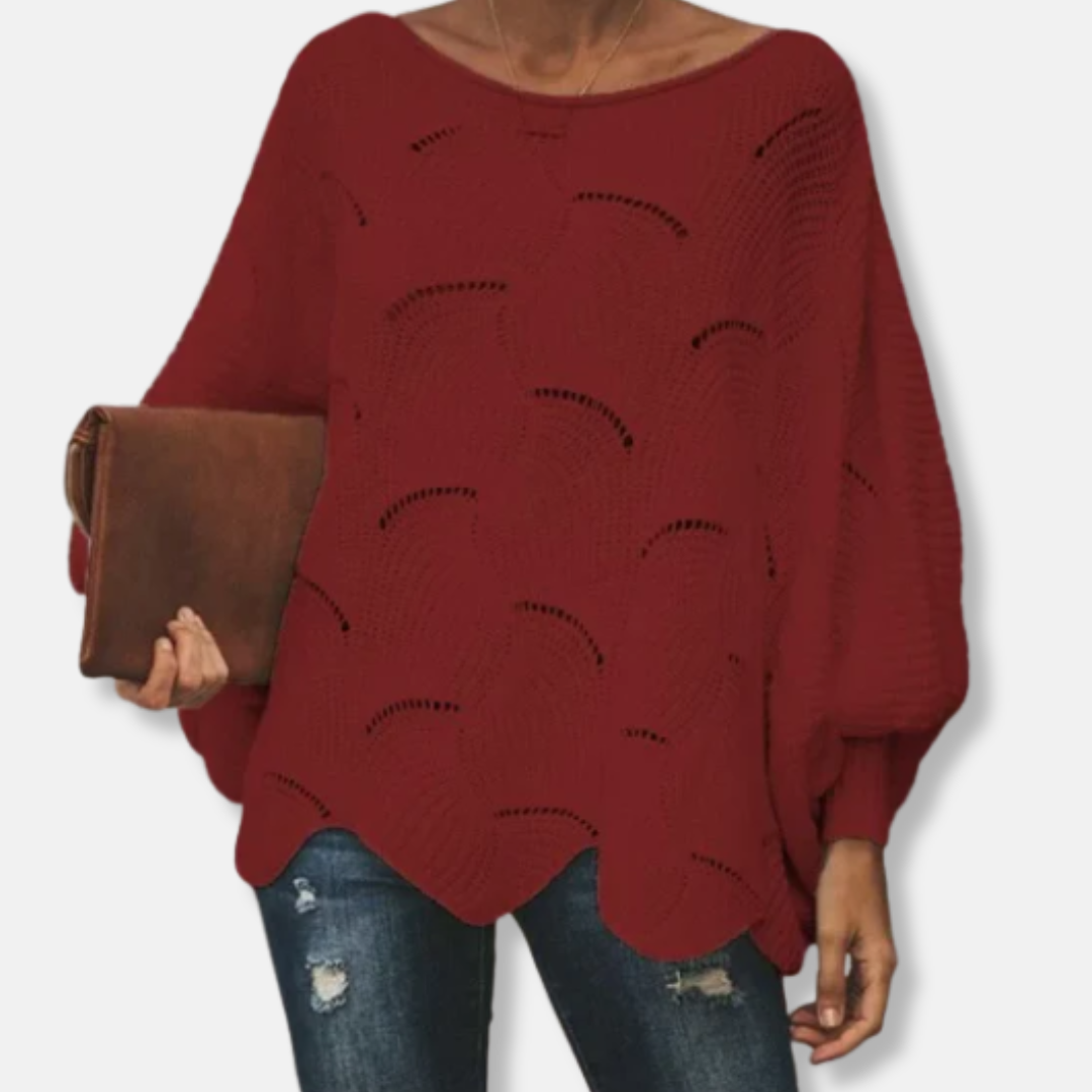 Women's relaxed-fit batwing sleeve open knit sweater with boat neck and wavy hem