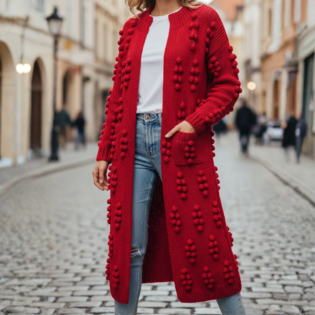 Women's long thick knit bohemian cardigan, open-front cozy outerwear with 3D raised knitwork texture