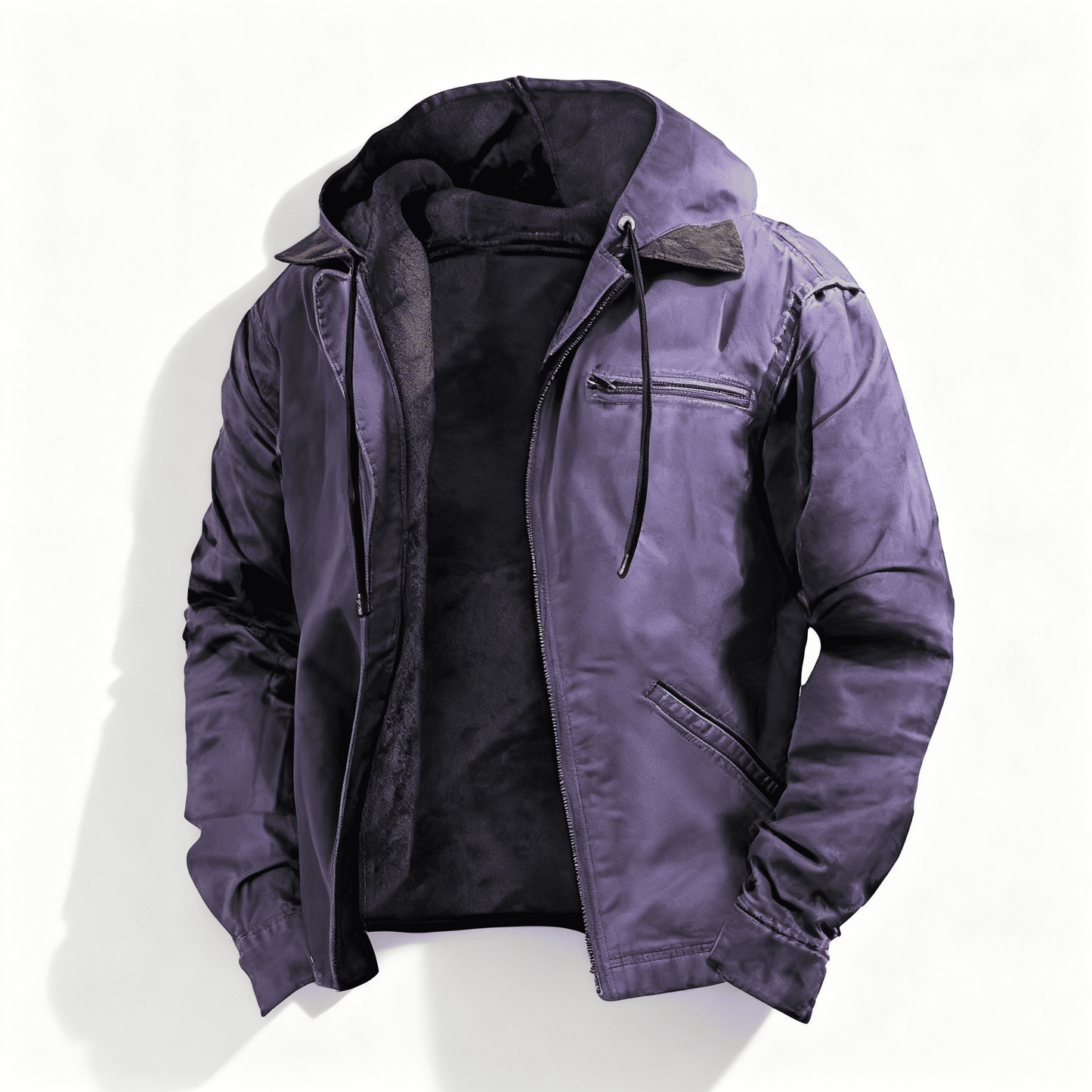 Men's olive green relaxed-fit hooded utility jacket with zip front and drawstring hood