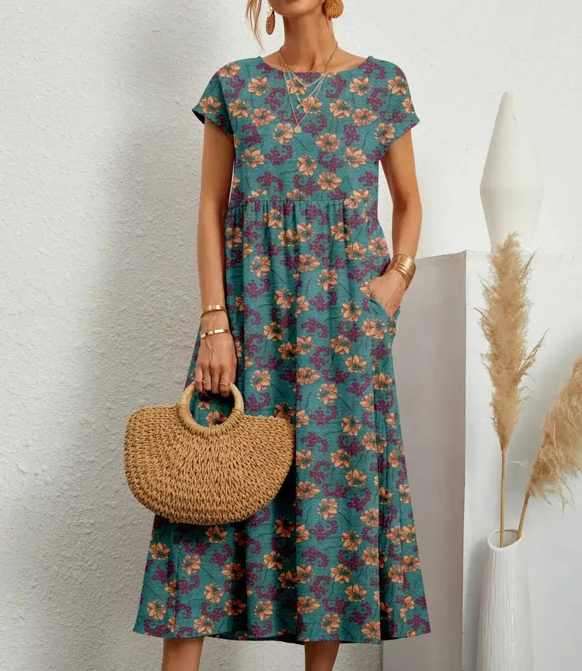 Women's floral print A-line cotton dress, round neckline, short sleeves, long skirt flattering fit