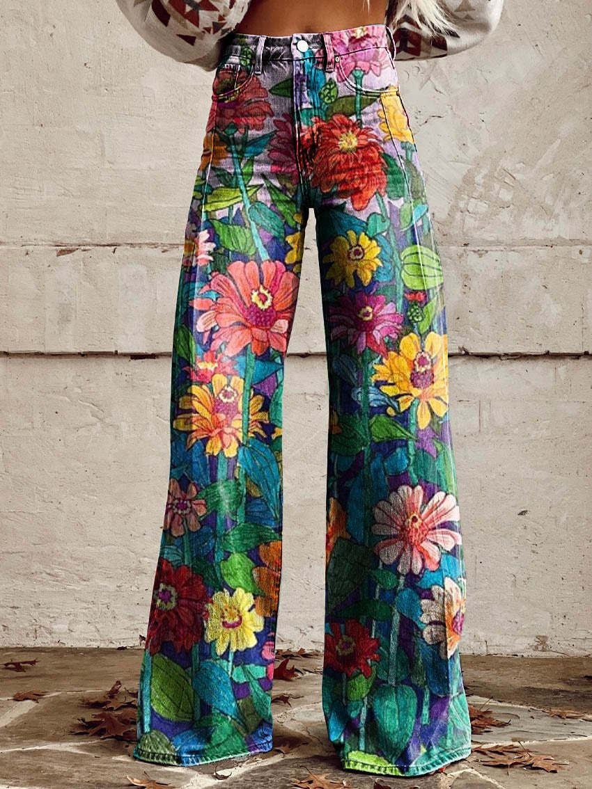 Women's floral wide-leg high-waist denim jeans with bold floral pattern and relaxed loose silhouette