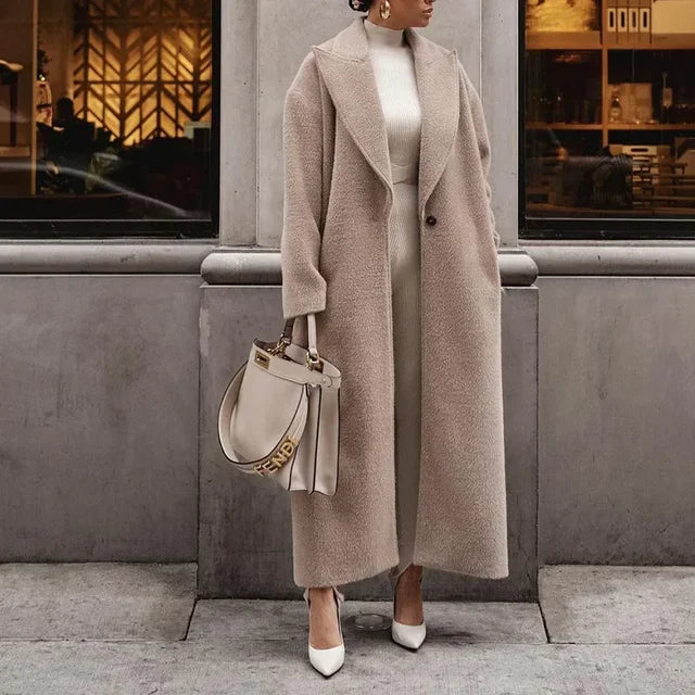 Women's oversized full-length wool-texture coat with notch collar in chic neutral tone for modern style